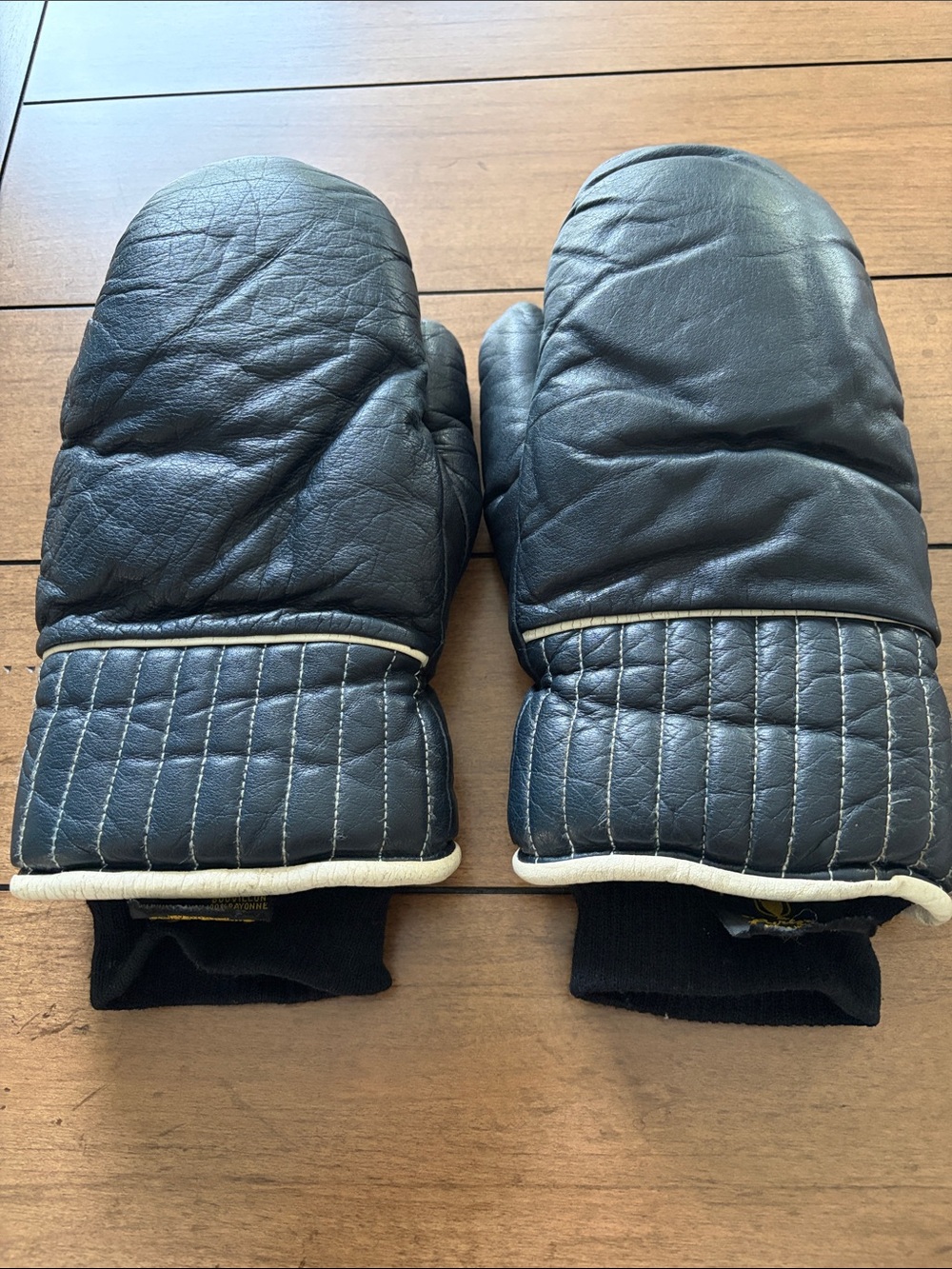 Men's Navy Blue Leather Ski Mittens - Quilted Cuff